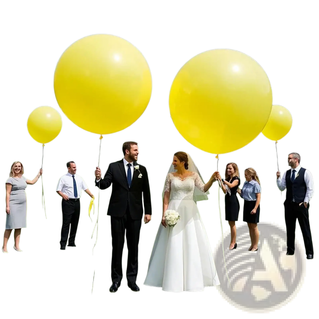 Bright yellow glossy latex balloons held by a wedding party outdoors for party arch decor