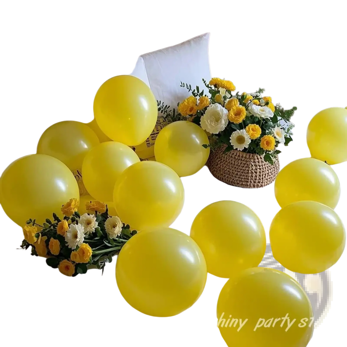 Bright yellow latex balloons scattered on a bed for yellow latex balloons party arch decor use
