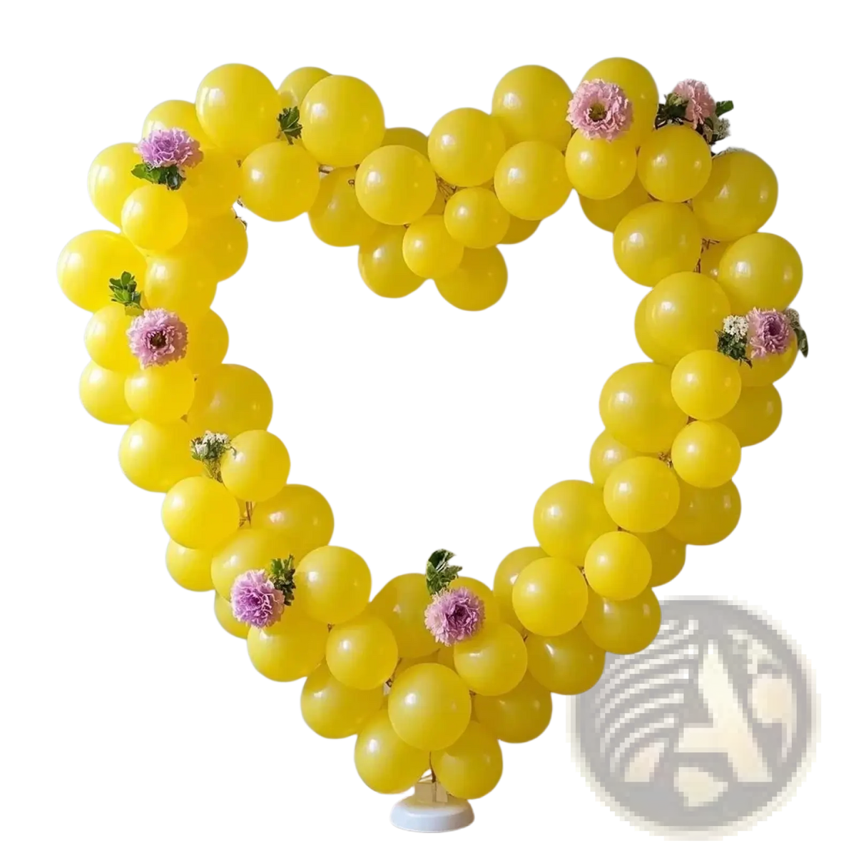 A vibrant yellow latex balloon heart arch decorated with pink and purple flowers for party decor