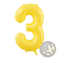A bright yellow inflated foil balloon shaped like the number three for birthday party decor 40 inch size