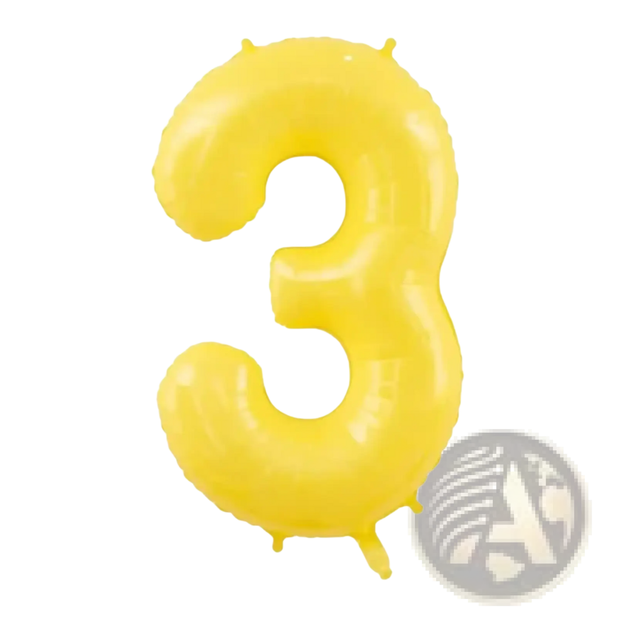 A bright yellow inflated foil balloon shaped like the number three for birthday party decor 40 inch size