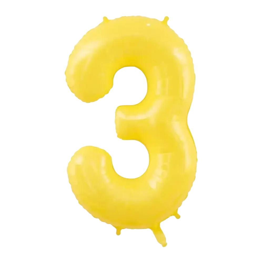 A bright yellow inflated foil balloon shaped like the number three for birthday party decor 40 inch size