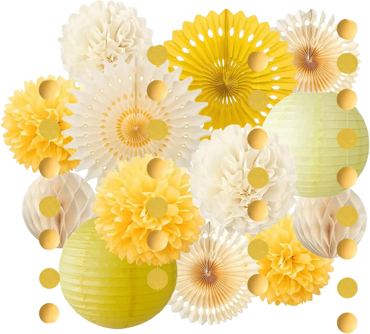 A collection of yellow white and pale green paper fans pom poms and lanterns with gold foil circles for parties