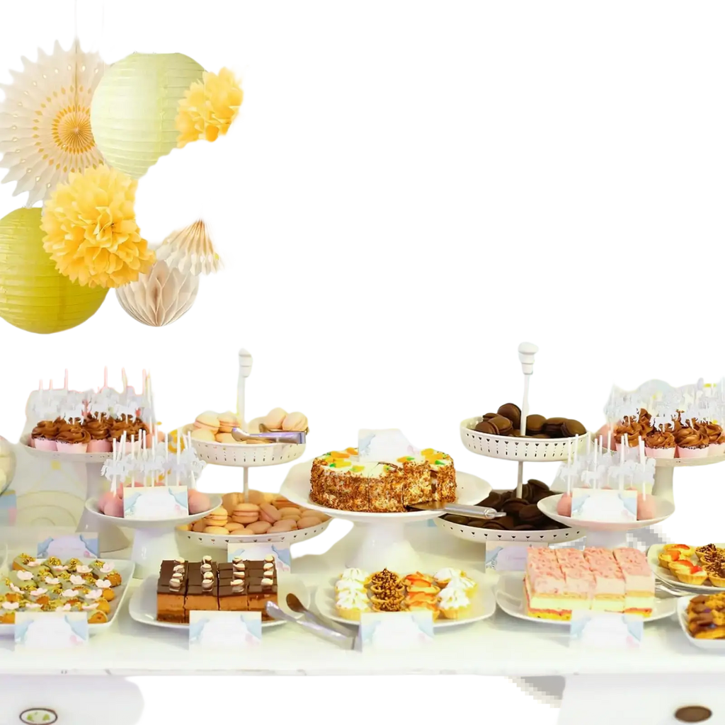 A cheerful yellow and white paper pom-pom garland made of paper hangs above a dessert table for party decoration