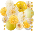 A collection of yellow white and pale green paper fans pom poms and lanterns with gold foil circles for parties