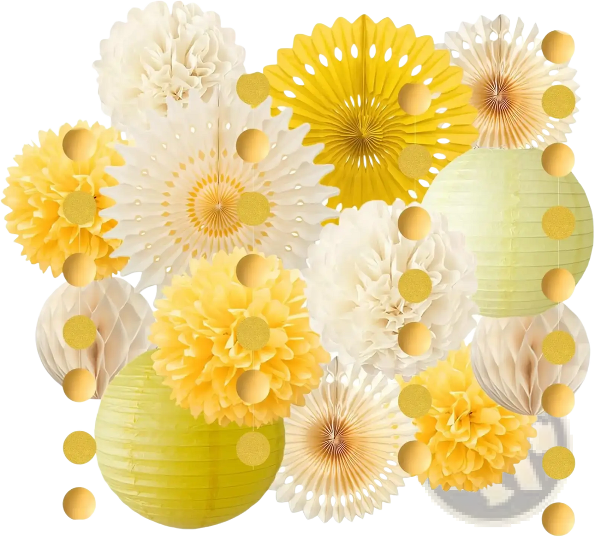 A collection of yellow white and pale green paper fans pom poms and lanterns with gold foil circles for parties