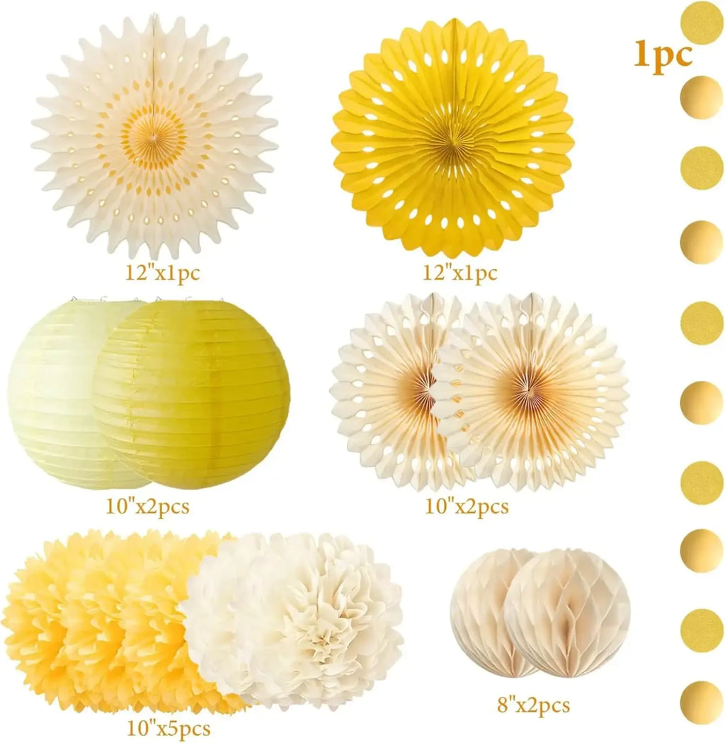 Set of yellow and cream paper party decorations including fans lanterns pom poms and honeycomb shapes for celebrations