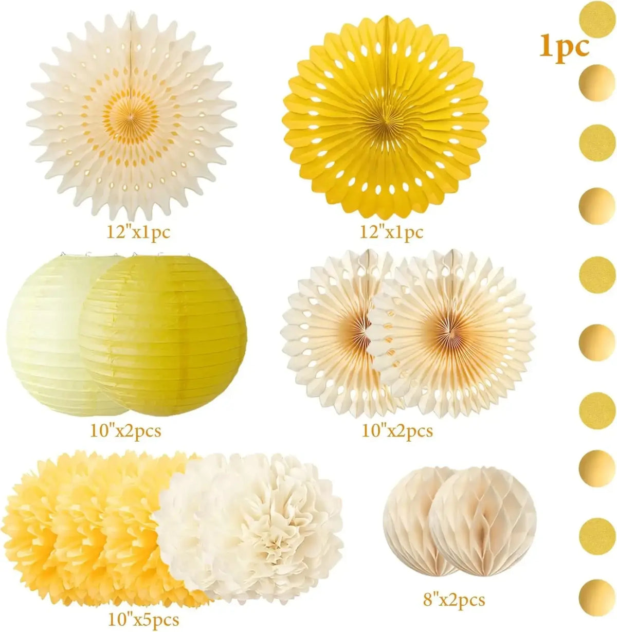 Set of yellow and cream paper party decorations including fans lanterns pom poms and honeycomb shapes for celebrations