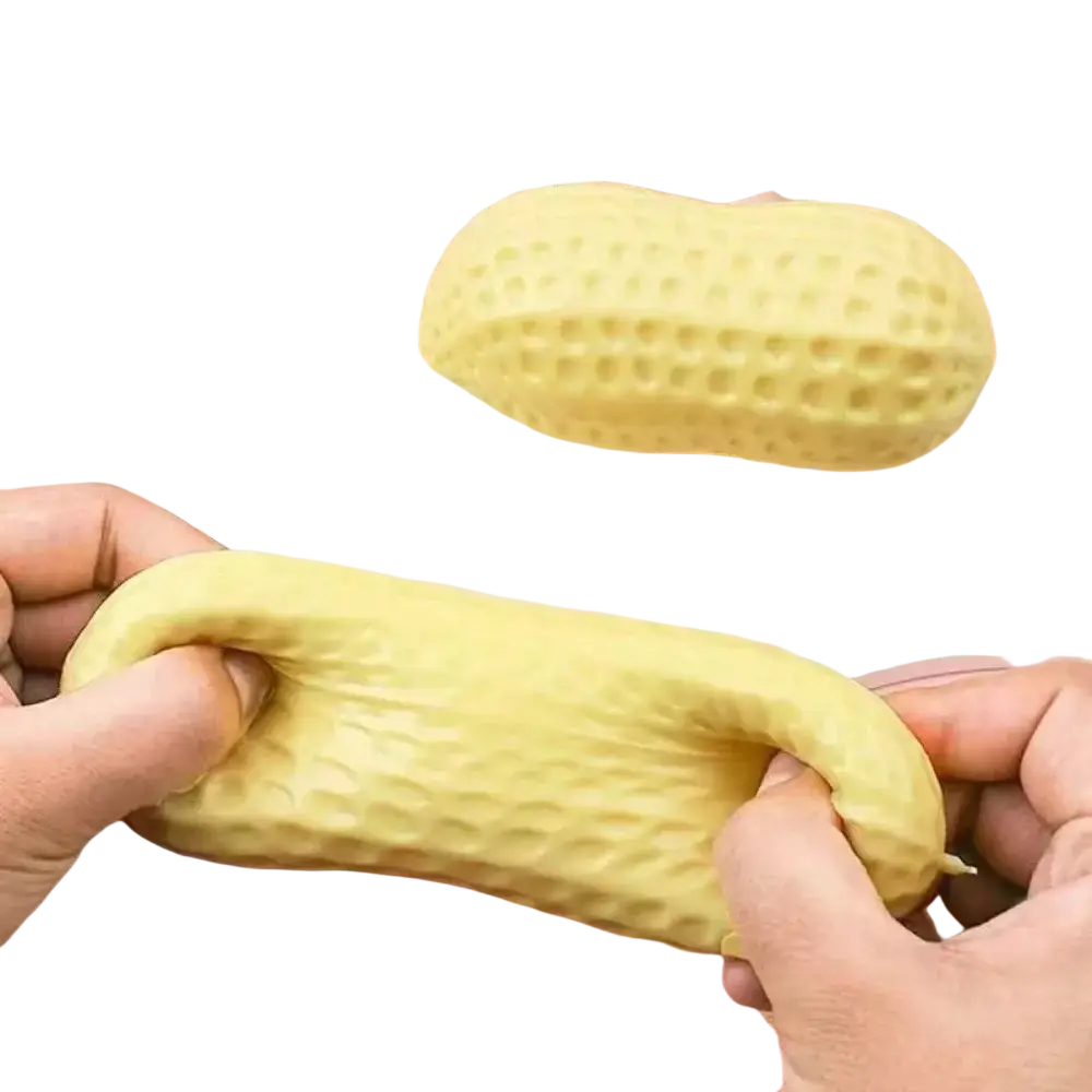 Yellow peanut-shaped stress relief squishy toy with textured surface designed for hand relaxation and anxiety reduction