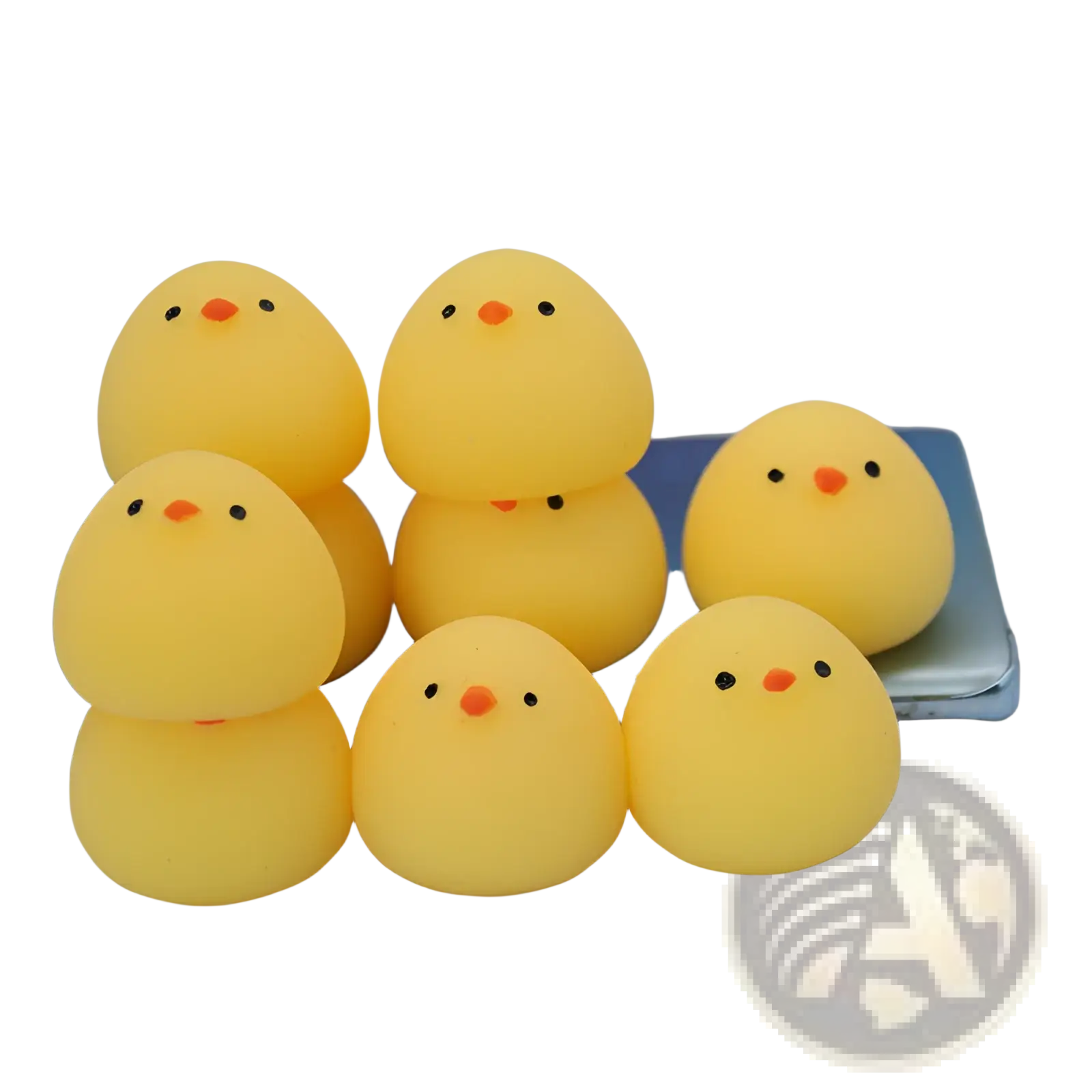 Yellow rubber chicken stress ball squeezing toy features yellow squishy chick shape with orange beak and black eyes