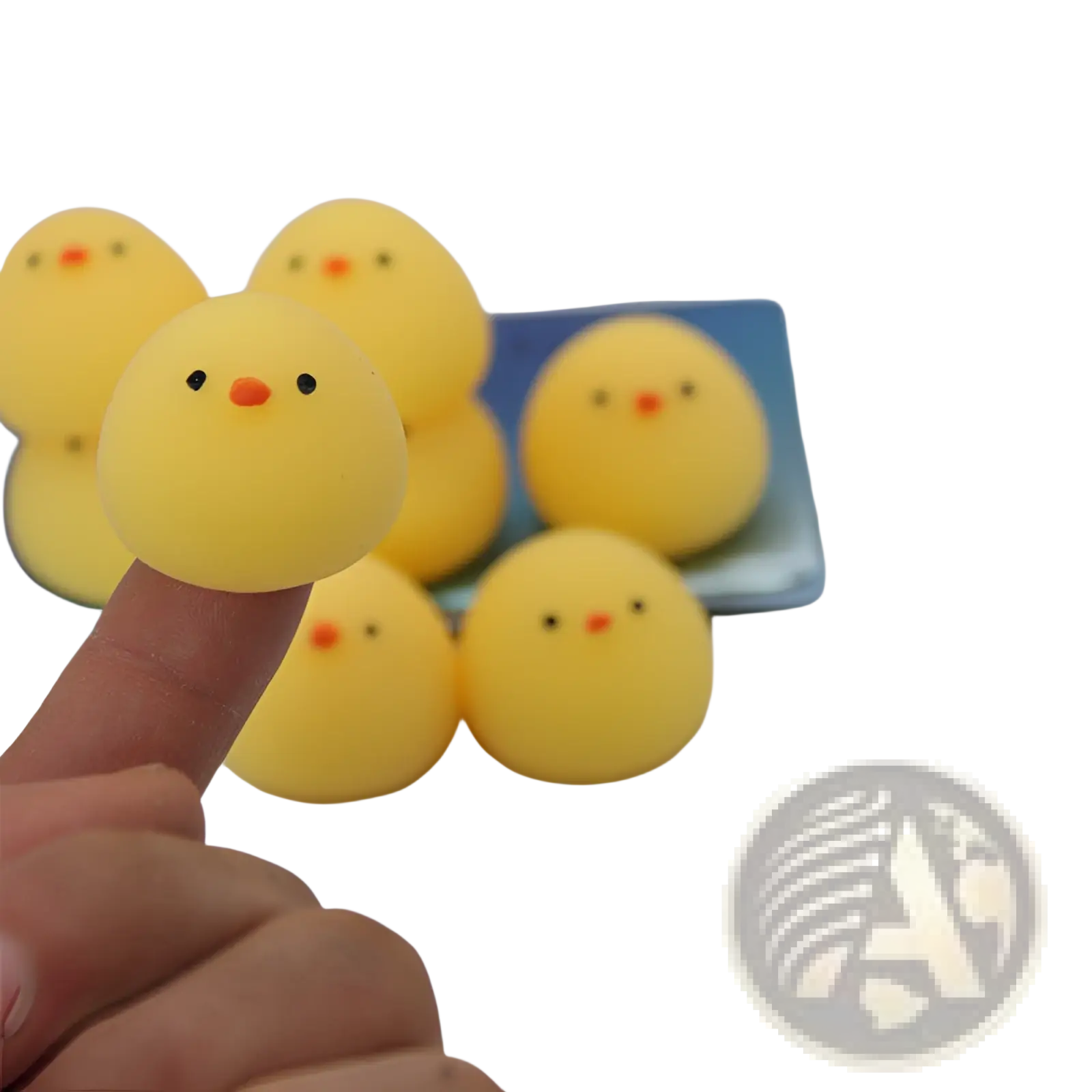Yellow rubber chicken stress ball squeezing toy with black dot eyes and orange beak made of soft material