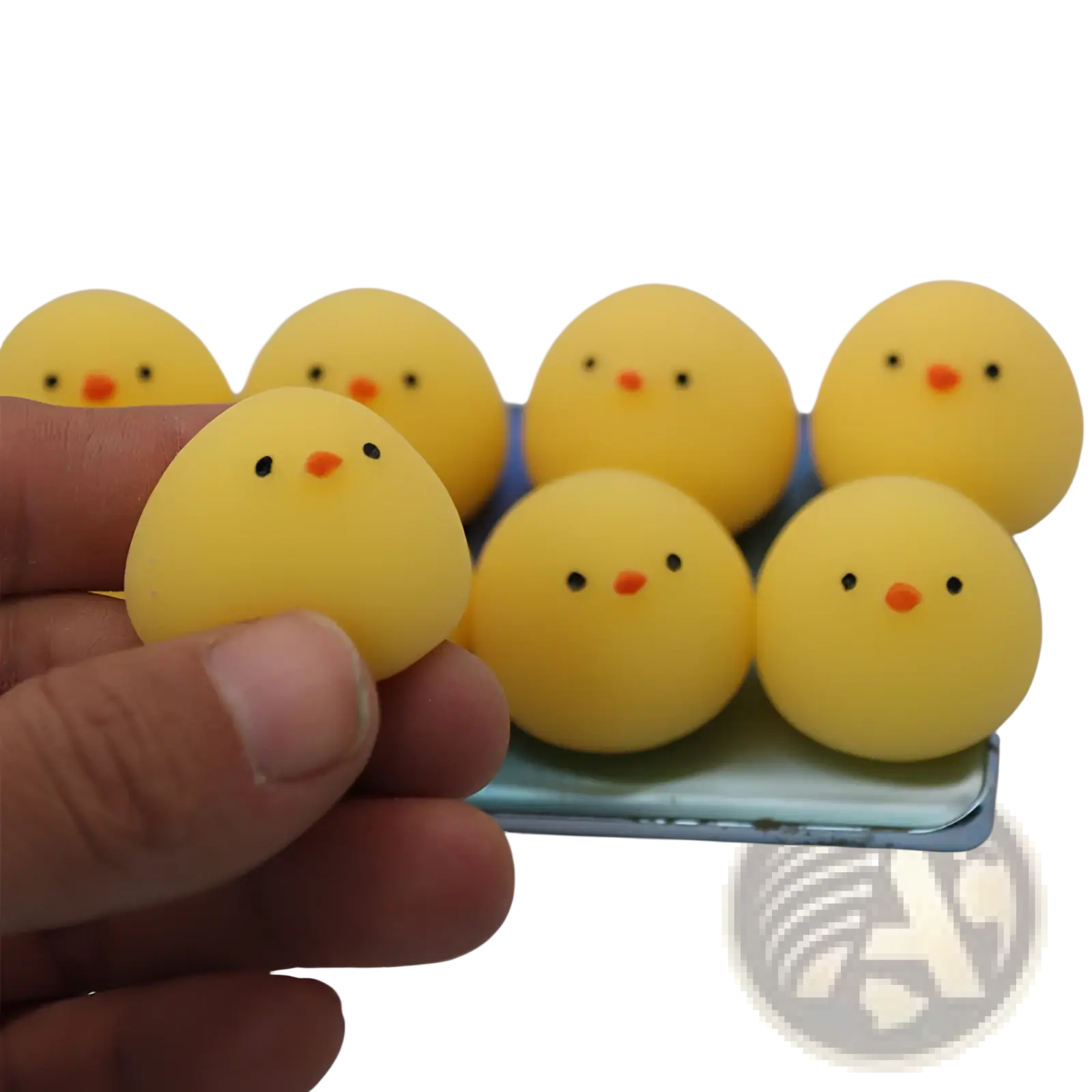 Yellow rubber chicken stress ball made of soft material designed as a squeezing toy for stress relief