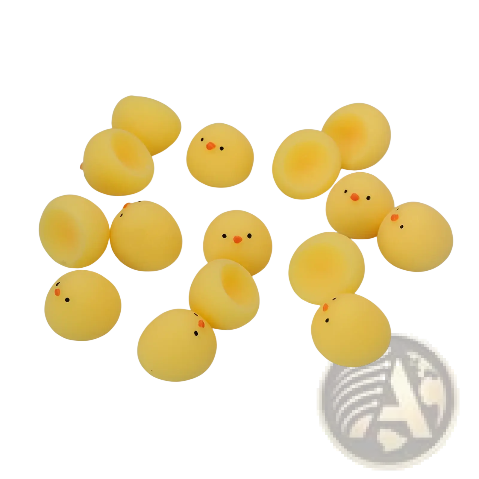 Yellow rubber chicken stress ball squeezing toy with orange beak and black eyes made of soft rubber for stress relief
