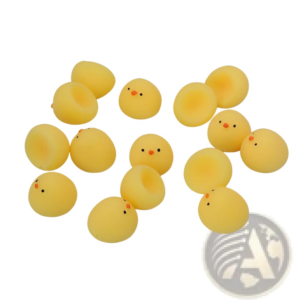 Yellow rubber chicken stress ball squeezing toy with orange beak and black eyes made of soft rubber for stress relief