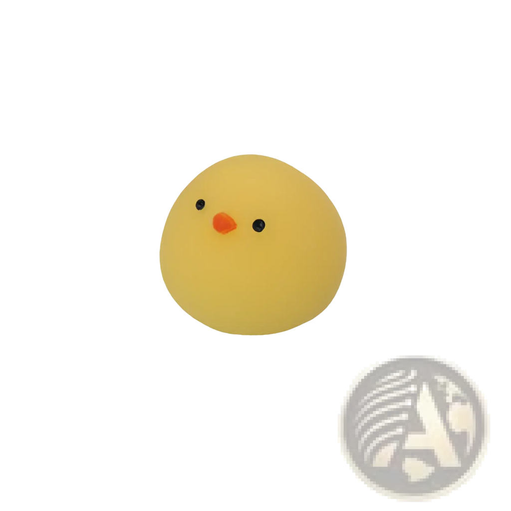 A soft yellow rubber chicken stress ball with black dot eyes and an orange beak for squeezing relief