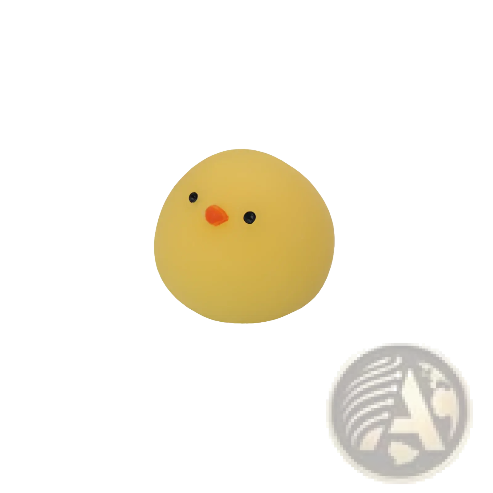 A soft yellow rubber chicken stress ball with black dot eyes and an orange beak for squeezing relief