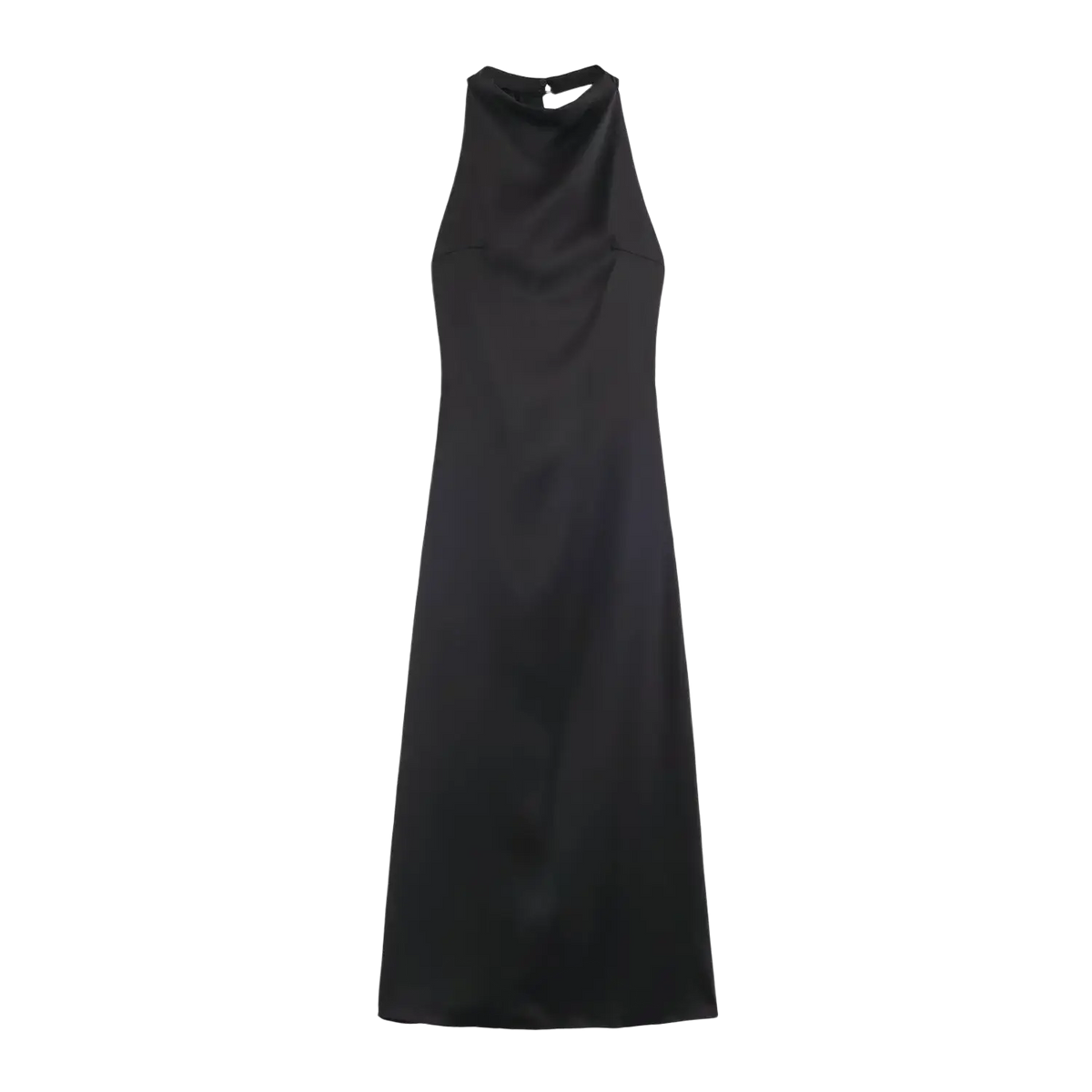 Black satin halter-neck maxi dress with a sleek flowing silhouette for elegant evening wear