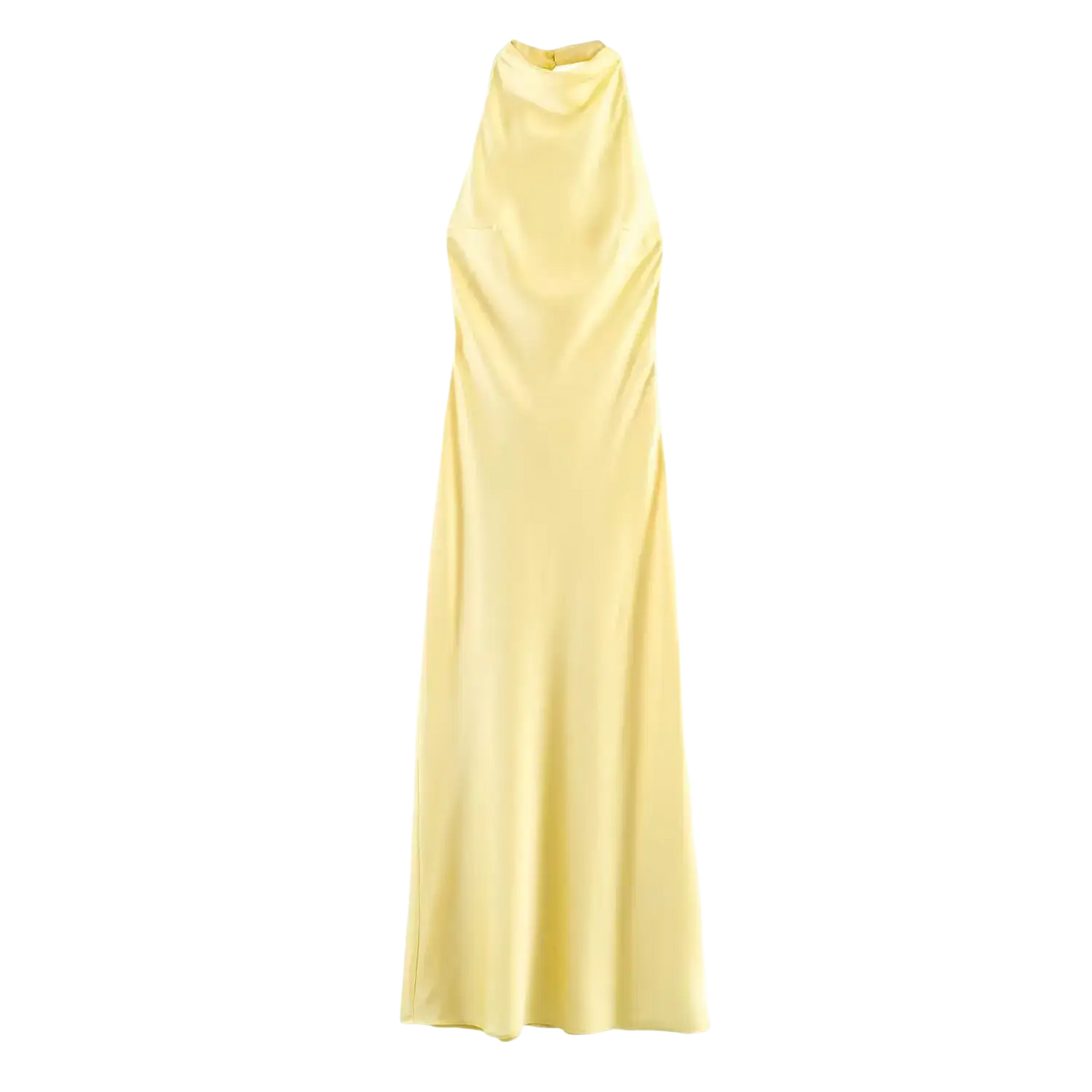 A flowing pale yellow satin halter-neck evening maxi dress with a sleek draped neckline and smooth fabric