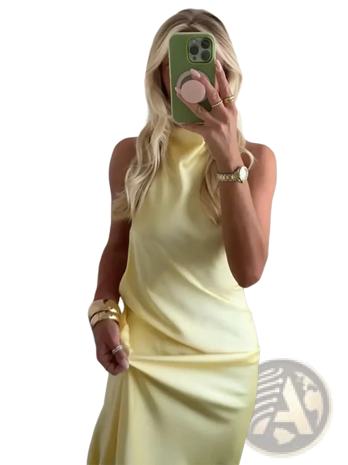 A sleek pale yellow satin halter neck evening maxi dress with a flowing silhouette