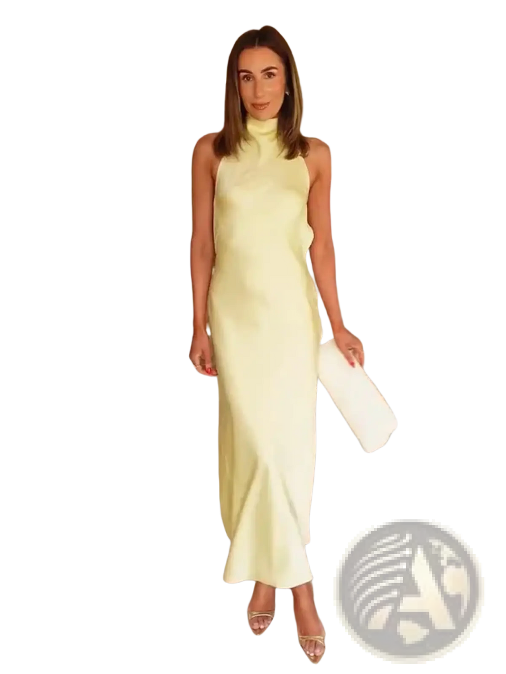 A sleek pale yellow satin halter evening maxi dress with a sleeveless high neckline and flowing silhouette