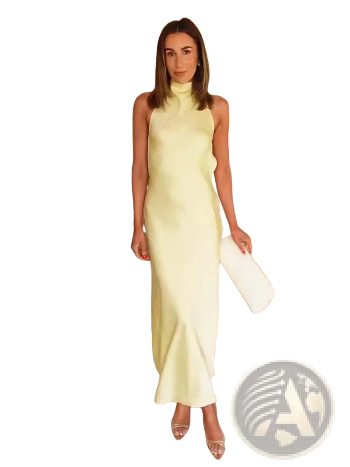 A sleek pale yellow satin halter evening maxi dress with a sleeveless high neckline and flowing silhouette