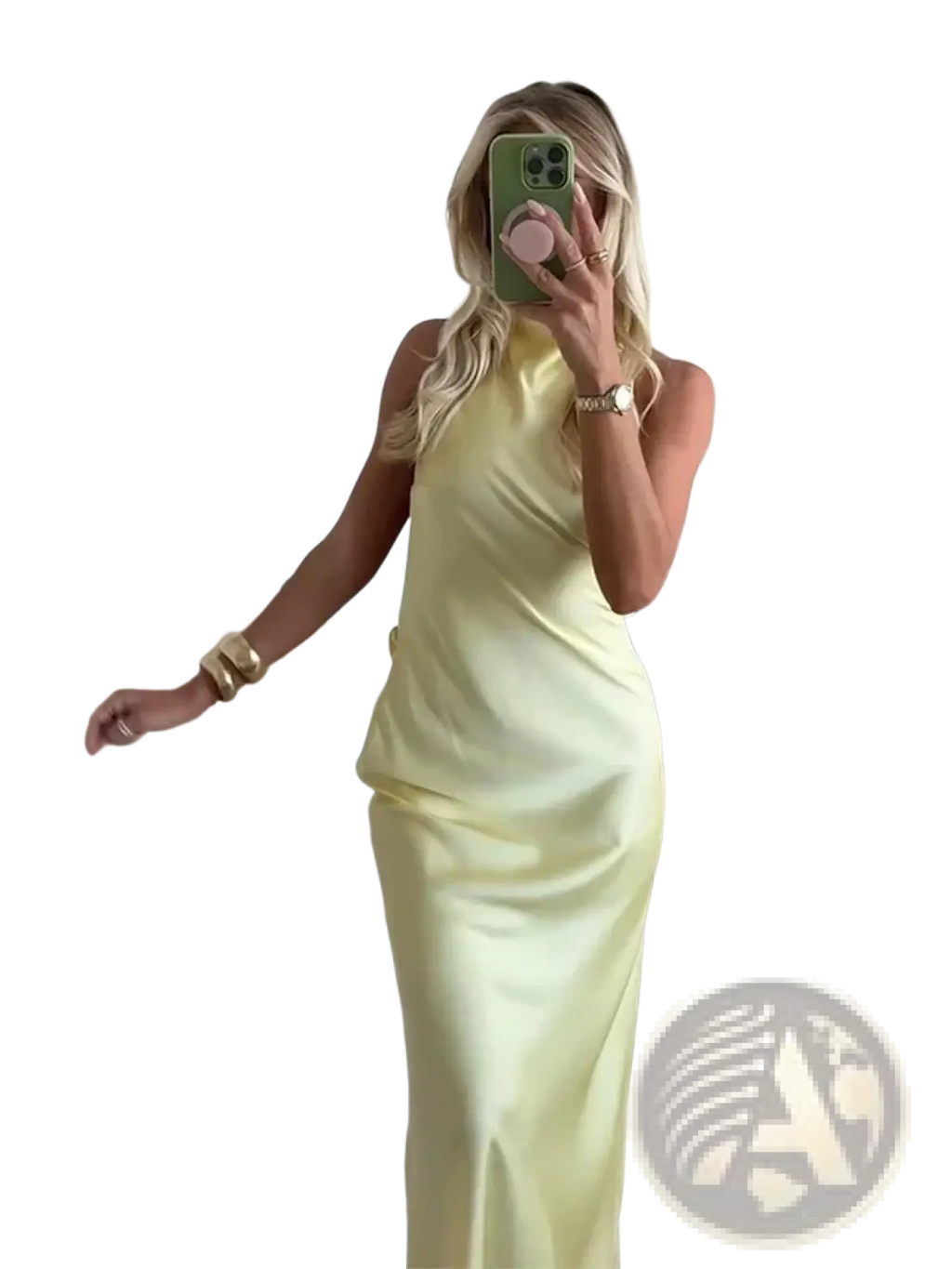 A sleek pale yellow satin halter evening maxi dress with high neckline and flowing silhouette