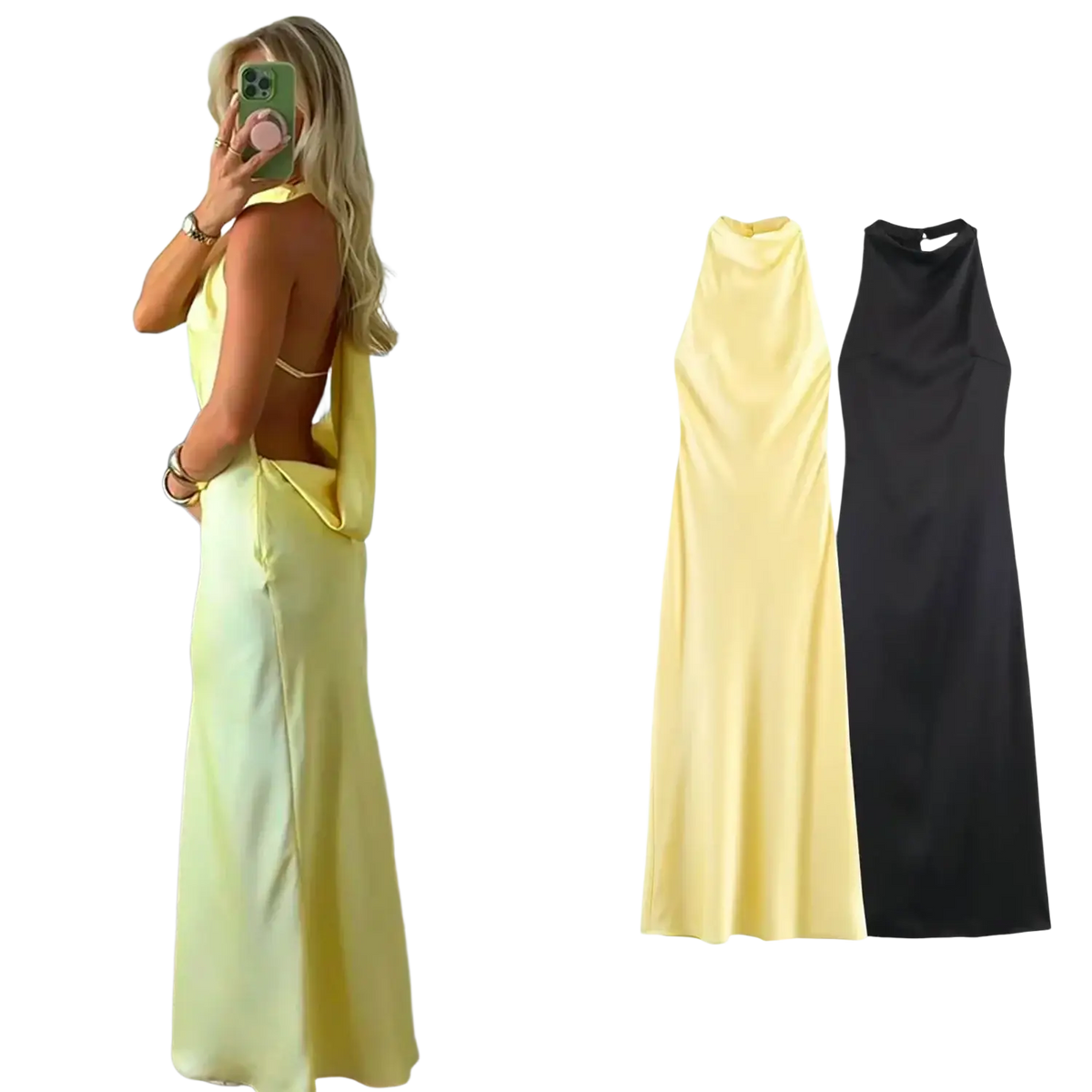 A flowing yellow satin halter evening maxi dress with a high neckline and sleeveless back detail