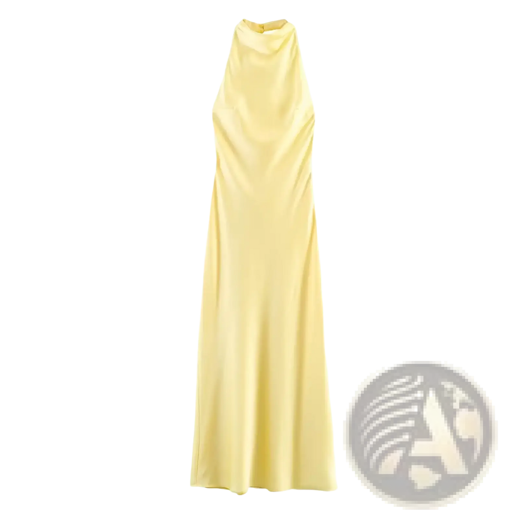 A flowing pale yellow satin halter-neck evening maxi dress with a sleek draped neckline and smooth fabric