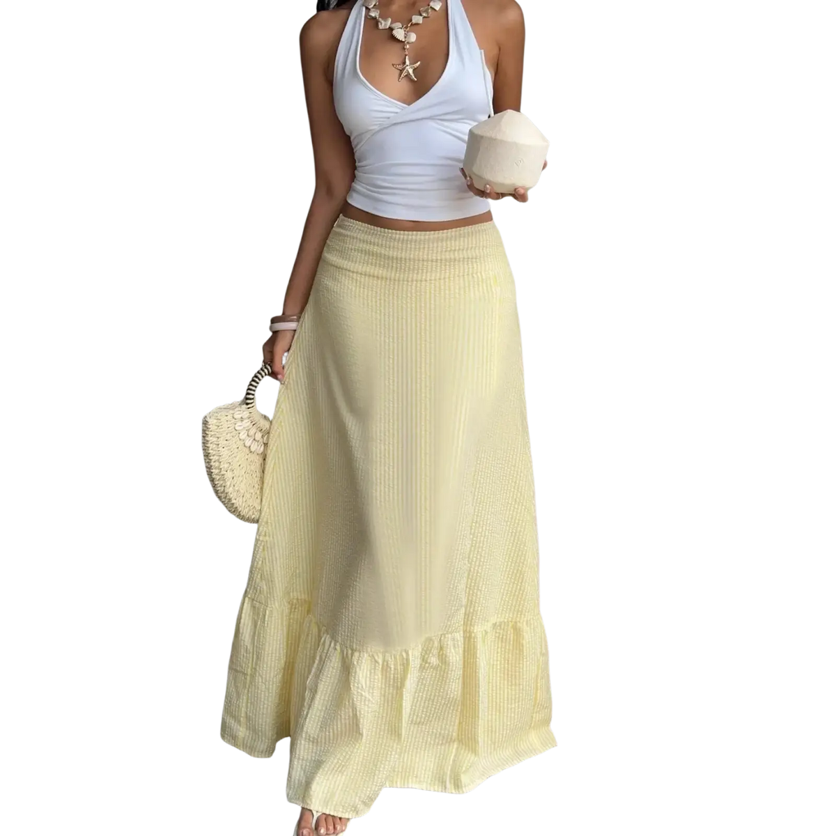 A flowing pale yellow maxi skirt with subtle vertical ribbed texture and layered ruffle hem for elegant wear