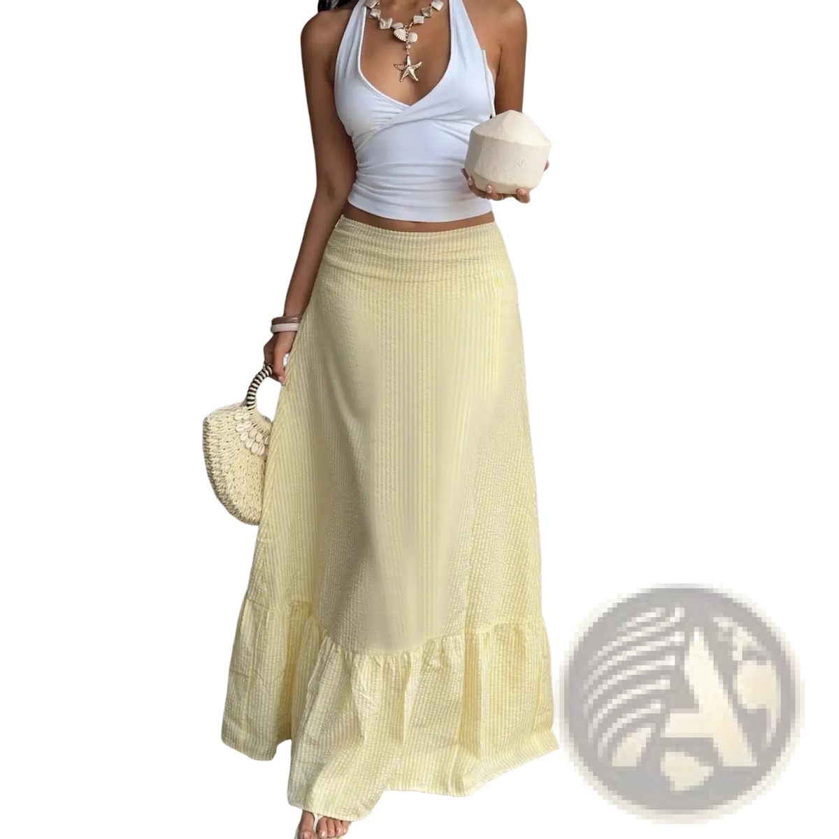 A flowing pale yellow maxi skirt with subtle vertical ribbed texture and layered ruffle hem for elegant wear