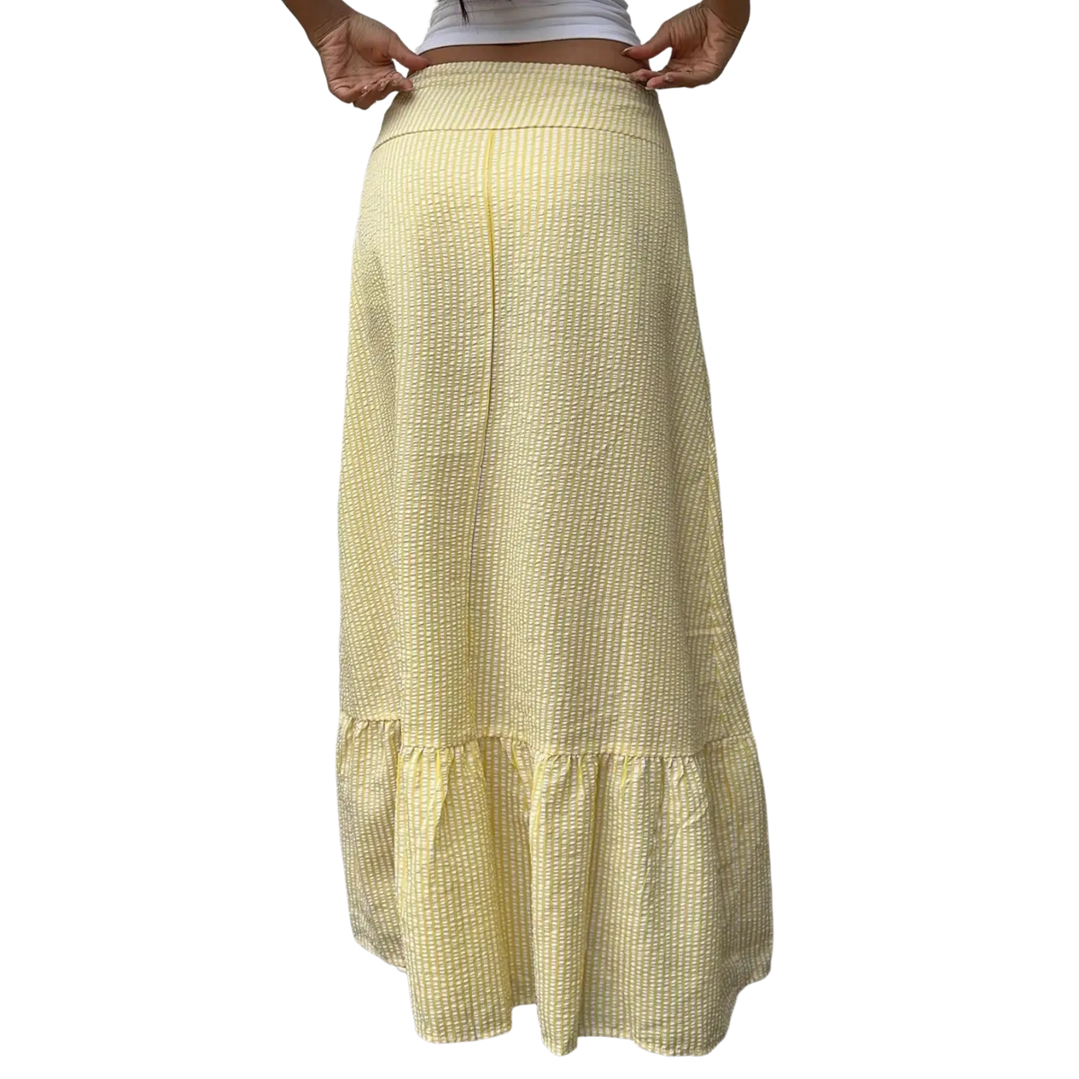 Yellow striped maxi skirt in waffle knit fabric with pale yellow color and ruffled hemline texture
