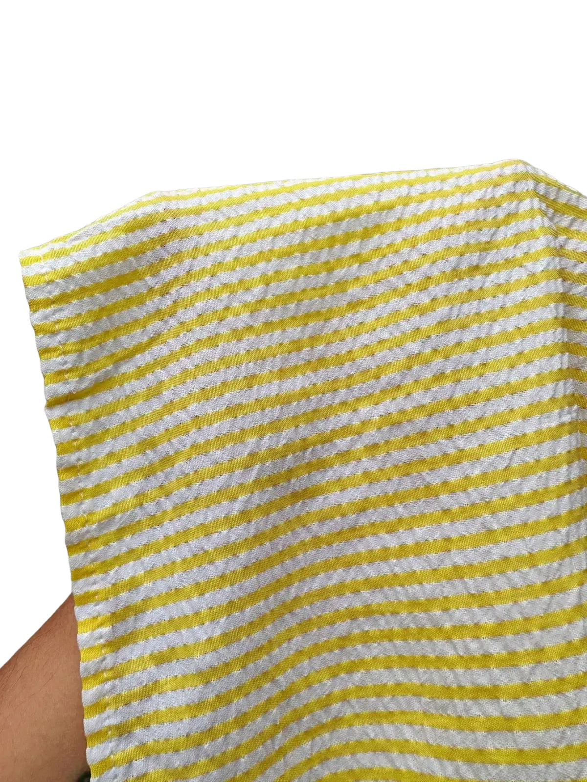 Yellow striped ruffle maxi skirt with textured woven fabric resembling a yellow and white kitchen towel