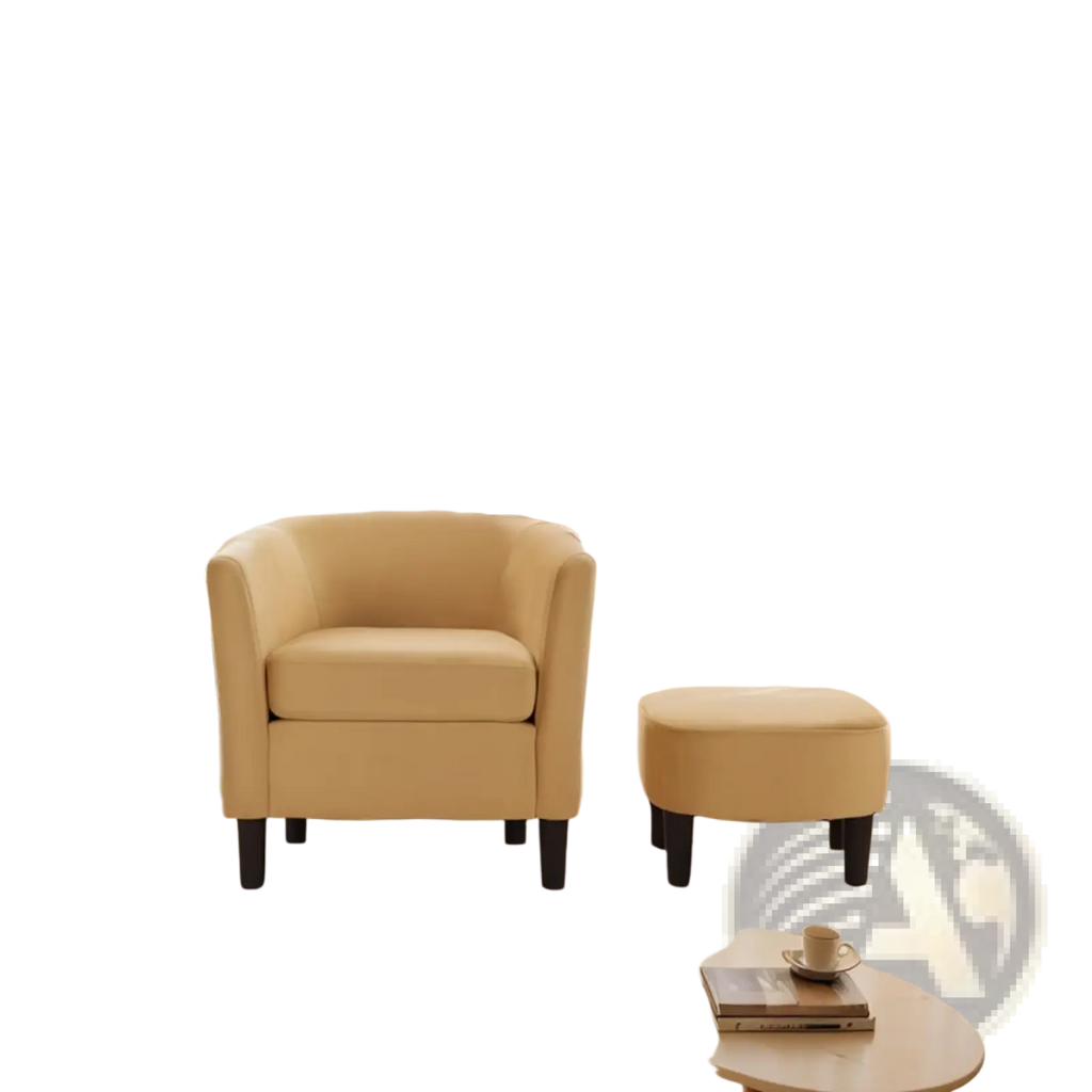 Cream-colored upholstered armchair with dark wooden legs as part of yellow velvet barrel chair and ottoman set
