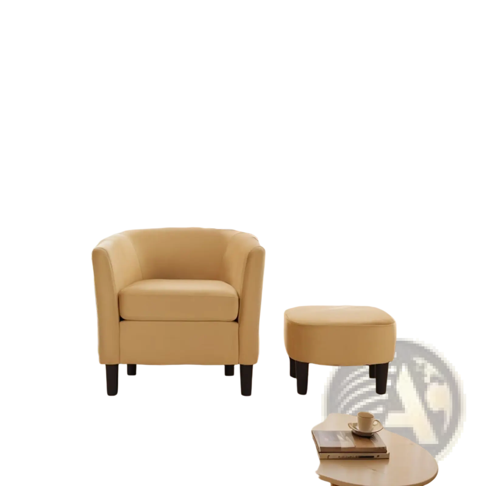 Cream-colored upholstered armchair with dark wooden legs as part of yellow velvet barrel chair and ottoman set