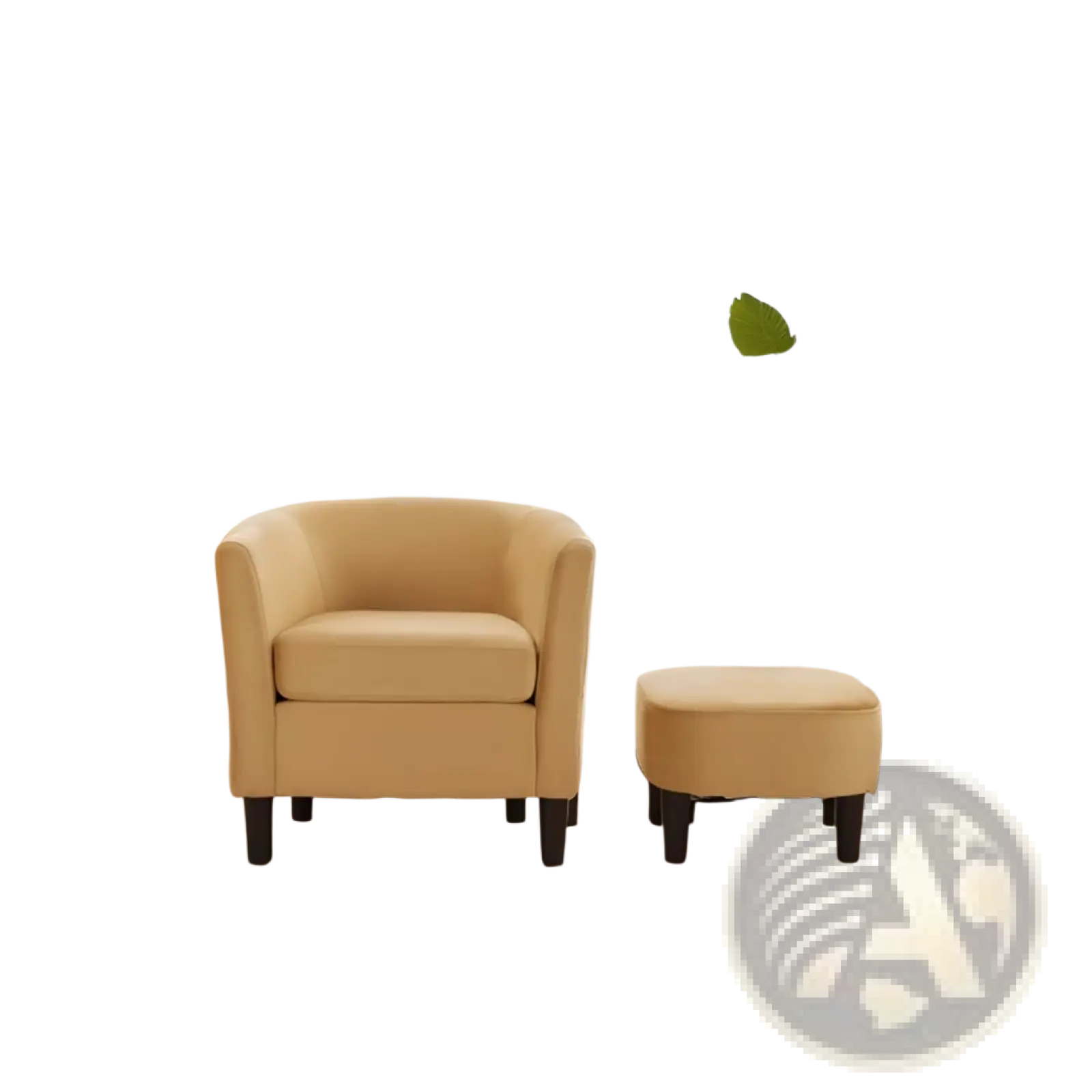 Cream-colored upholstered armchair and ottoman set with soft rounded edges and dark wooden legs for comfortable seating