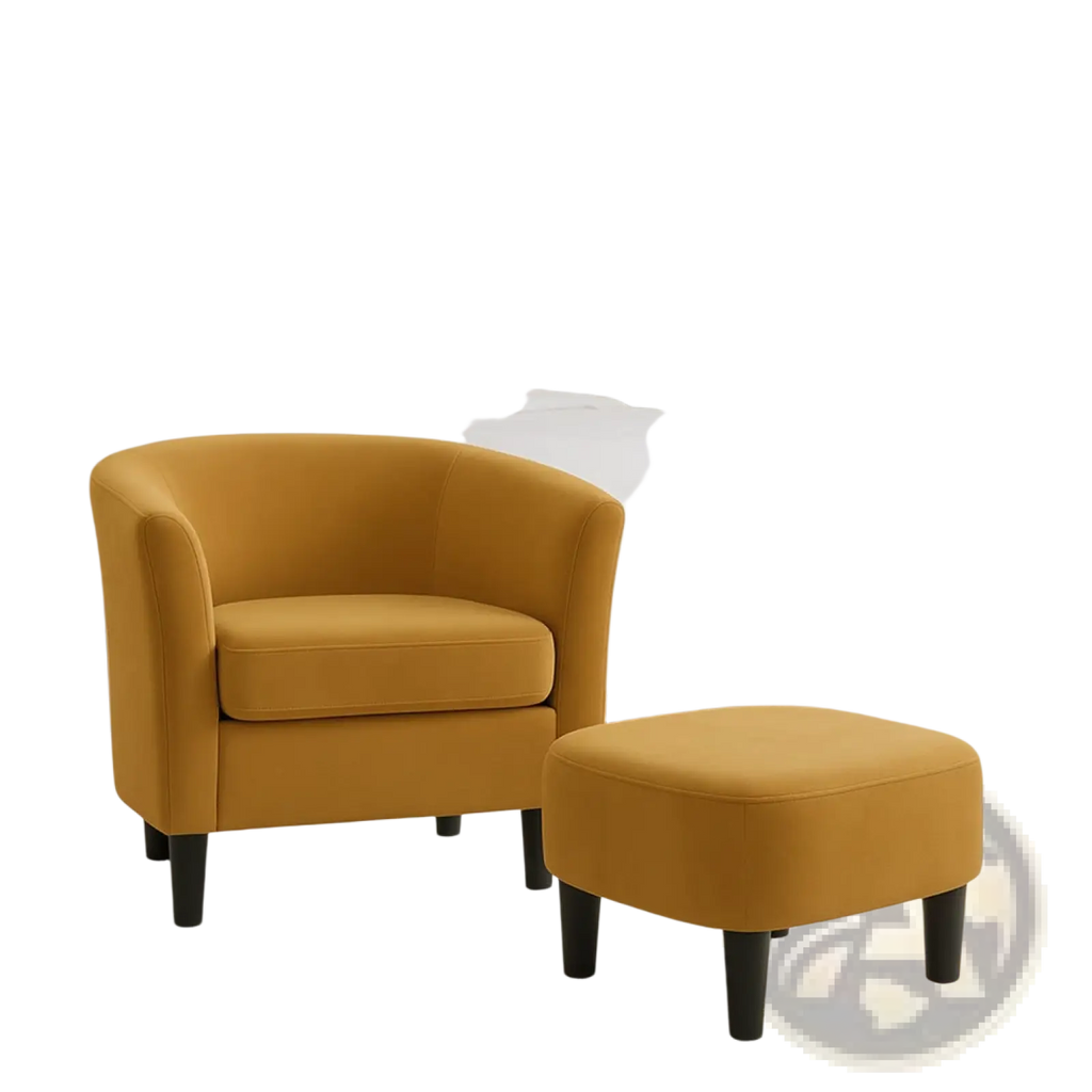 Mustard-yellow velvet barrel chair and ottoman set with dark wooden legs featuring a rounded cozy design