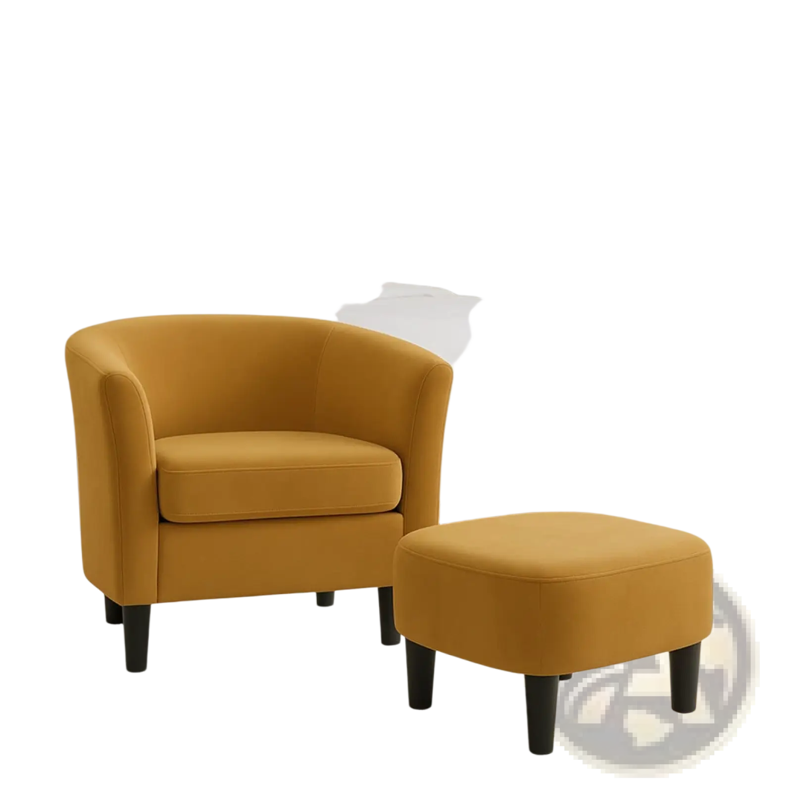 Mustard-yellow velvet barrel chair and ottoman set with dark wooden legs featuring a rounded cozy design