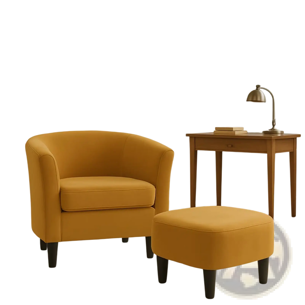 Mustard yellow velvet barrel chair and ottoman set with dark wooden legs and rounded cozy design