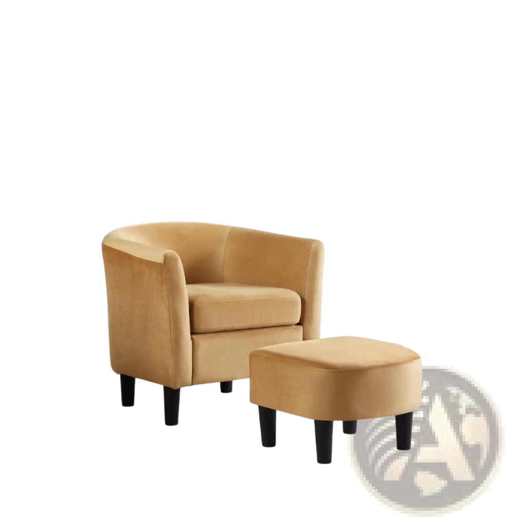 Mustard yellow velvet barrel chair and ottoman set featuring a plush armchair with matching ottoman for comfortable seating
