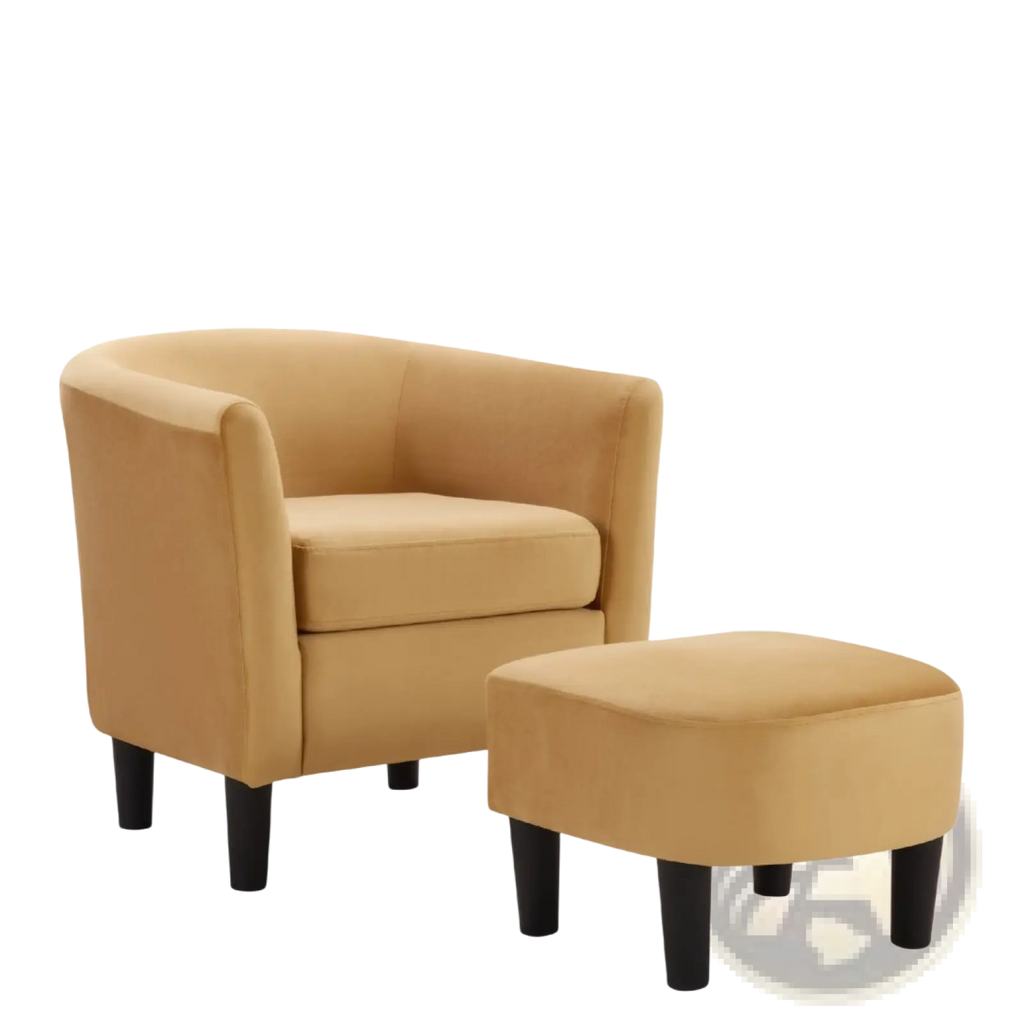 Tan velvet bucket armchair and ottoman set with sleek black tapered legs in yellow velvet barrel chair style