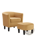 Tan velvet bucket armchair and ottoman set with sleek black tapered legs in yellow velvet barrel chair style