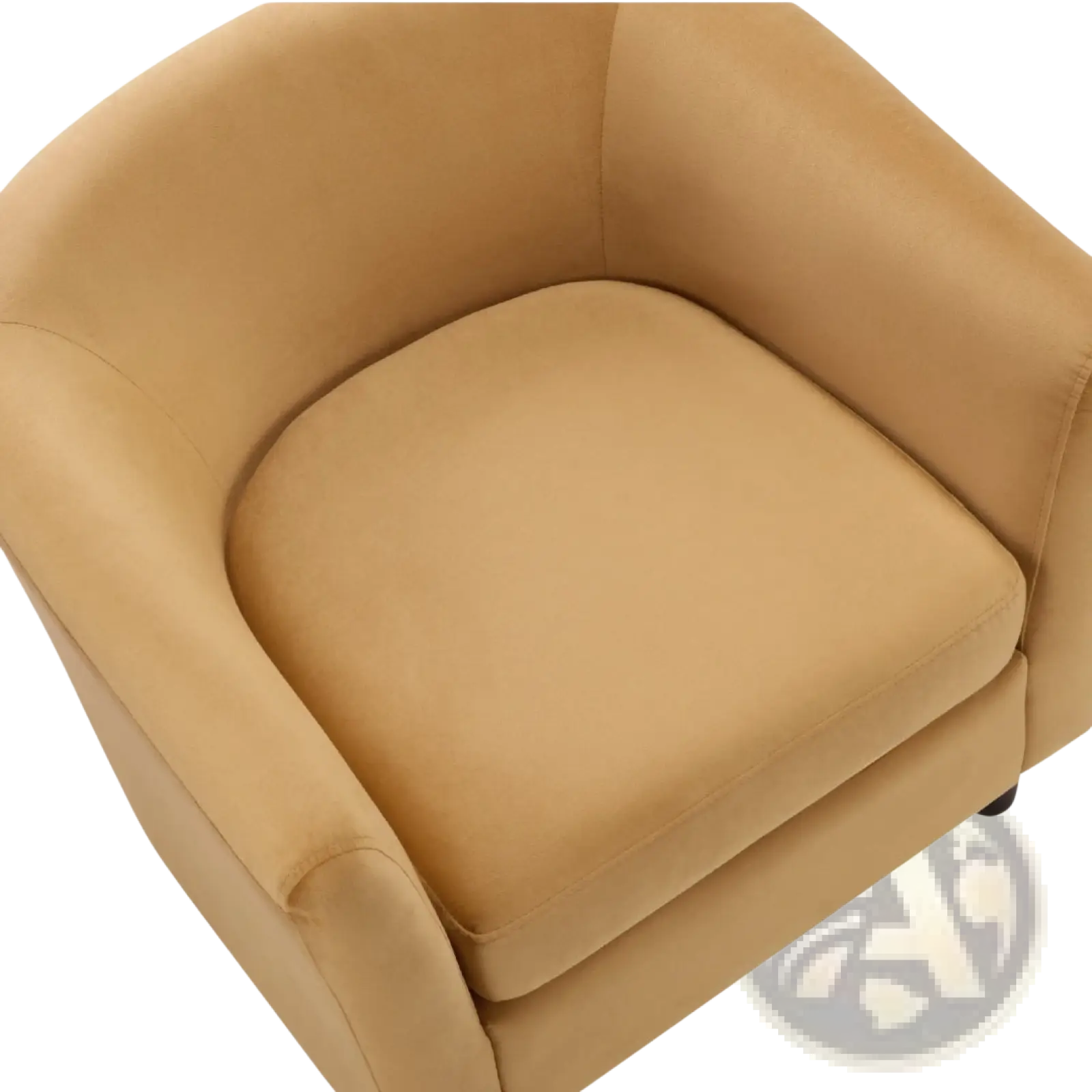 Tan leather bucket chair with rounded arms and cushioned seat complementing yellow velvet barrel chair and ottoman set