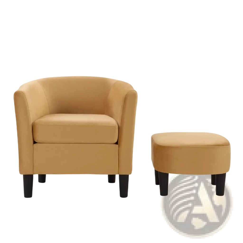 Tan upholstered yellow velvet barrel chair and ottoman set with rounded edges and dark wooden legs for living rooms