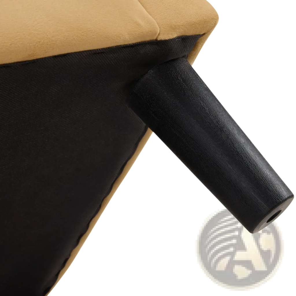 Tan upholstered stool with black wooden leg from yellow velvet barrel chair and ottoman set for comfortable seating