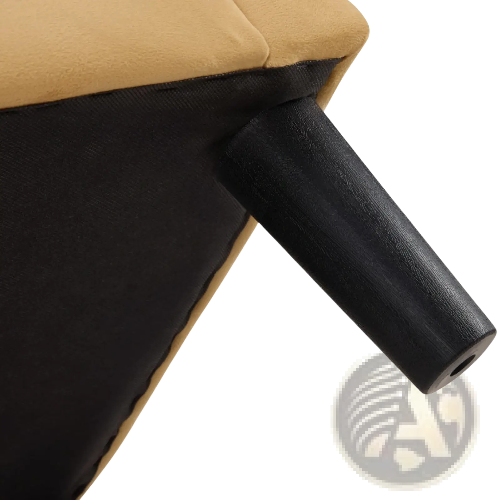 Tan upholstered stool with black wooden leg from yellow velvet barrel chair and ottoman set for comfortable seating