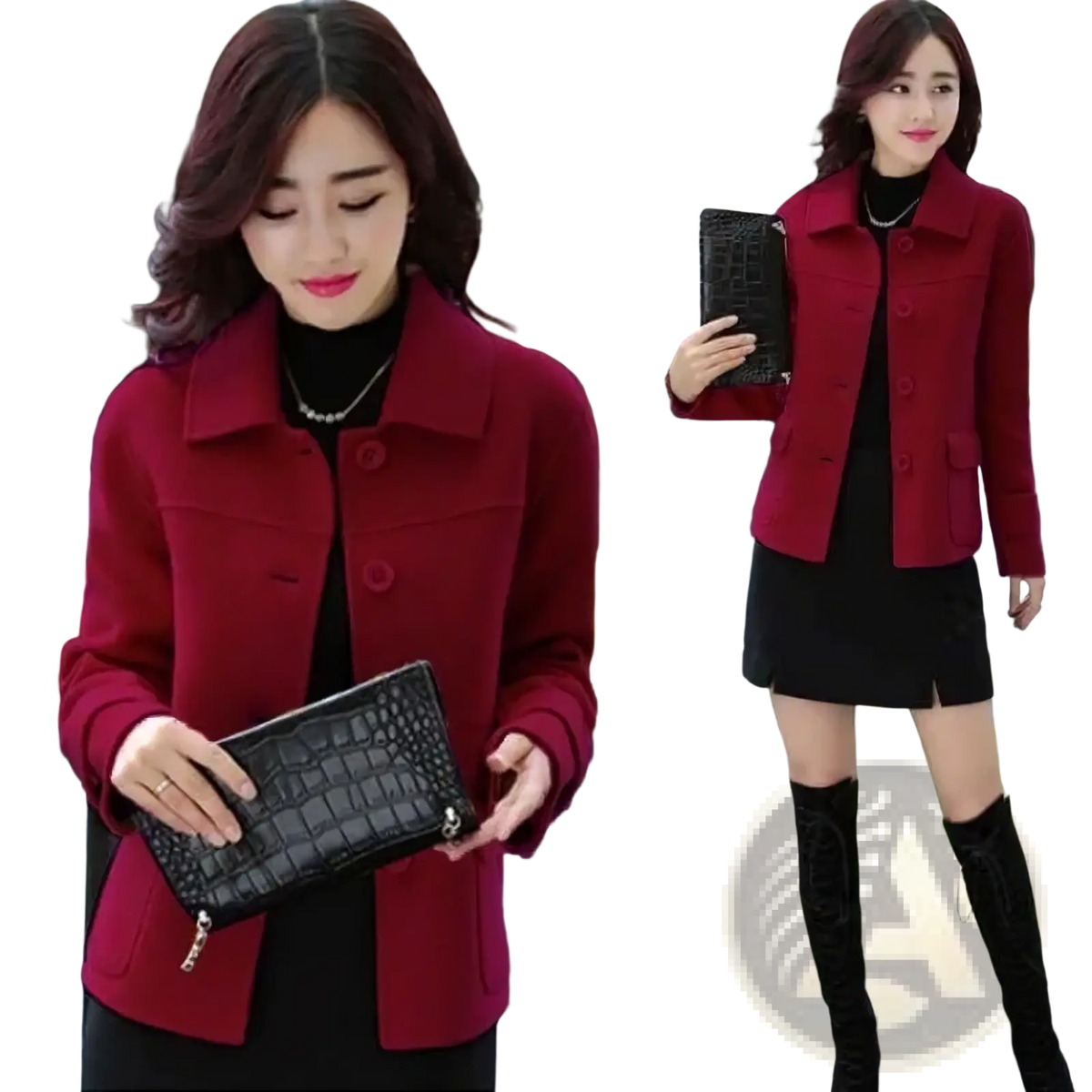 Black crocodile-textured clutch purse paired with yellow wool blend blazer women short winter coat front view