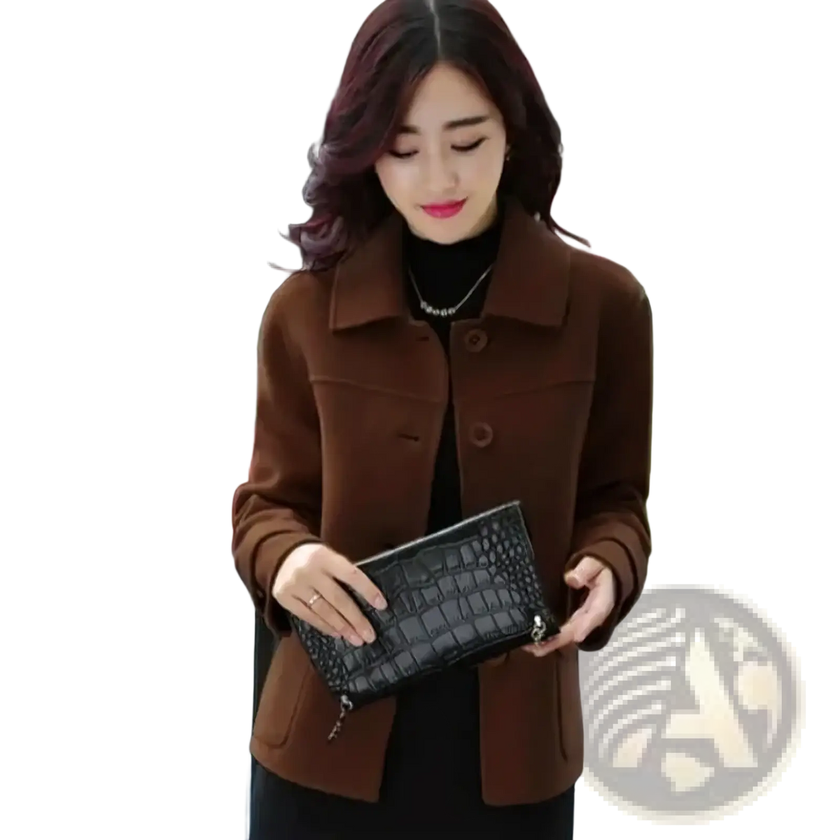 Black crocodile textured clutch purse complementing yellow wool blend blazer women short winter coat product image