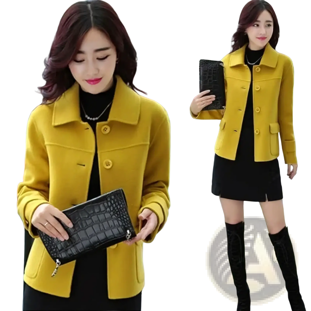 Black crocodile-textured clutch purse paired with a yellow wool blend blazer women short winter coat