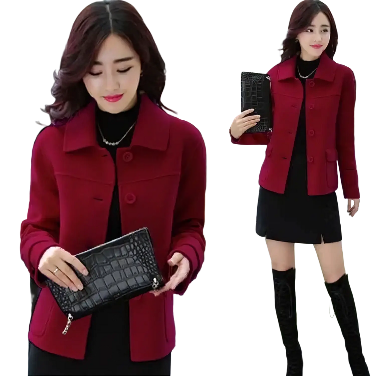 Black crocodile-textured clutch purse paired with yellow wool blend blazer women short winter coat front view