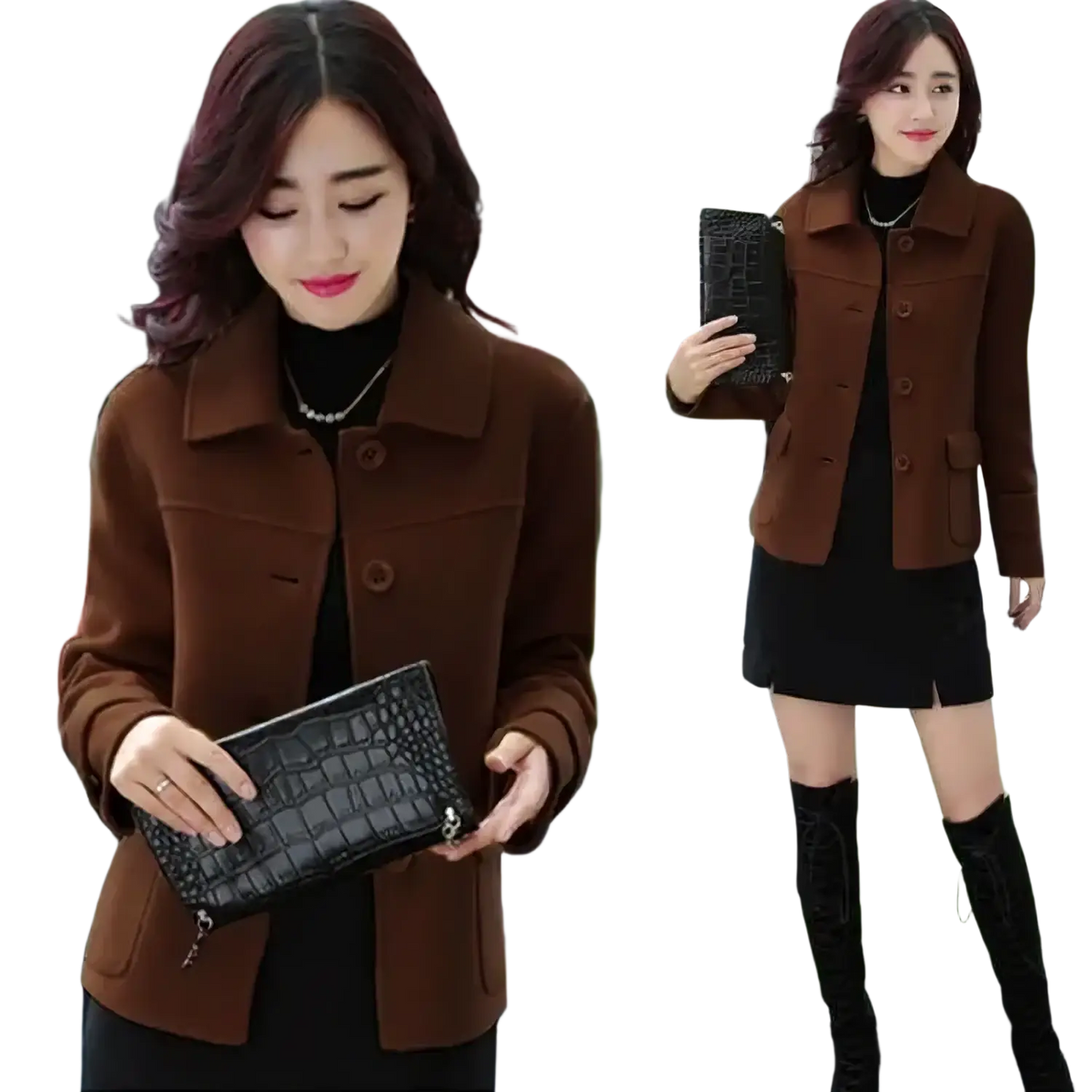 Black crocodile-textured clutch purse complementing the yellow wool blend blazer women short winter coat